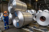 Storage of spools of aluminum before flattening, eurofoil factory, company specializing in aluminum metallurgy, rugles, eure, normandy, france