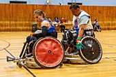 Handi-Rugby-Training, Mannschaftssport für Behinderte in Rollstühlen