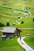 Rückansicht eines Wanderers auf einem Weg zwischen Berghütten und Wiesen, Passo delle Erbe, Dolomiten, Puez Geisler, Bezirk Bozen, Südtirol, Italien, Europa.