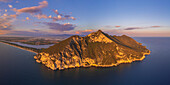 Panoramic aerial view of the Circeo mountain at sunset, Circeo National Park, Pontine flats, Latina province, Latium, Central Italy, Italy, Southern Europe, Europe