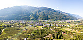 Panoramablick auf Apfelplantagen zwischen ländlichen Dörfern und Bergen, Valtellina, Provinz Sondrio, Lombardei, Italien