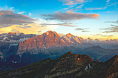Aerial panoramic of Eiger, Monch and Jungfrau mountains at sunset, Grindelwald, Bernese Oberland, Bern Canton, Switzerland