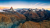 Panoramic of Matterhorn, Dent Blanche, Obergabelhorn, Zinalrothorn and Weisshorn peaks, aerial view, Valais canton, Switzerland