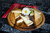 Selection of typical italian cheese in wood chopping board