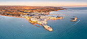 Aerial view of old town and lighthouse of Vieste at dawn, Foggia province, Gargano National Park, Apulia, Italy