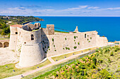 Defensive tower and fortified walls of Castello Aragonese, aerial view, Ortona, province of Chieti, Abruzzo, Italy