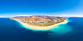 Sand beach of Morro Jable seaside town, Costa Calma and Jandia by the ocean, aerial view, Fuerteventura, Canary Islands, Spain