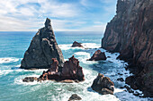 Sea stack rocks hit by ocean waves, Sao Lourenco Peninsula, Canical, Madeira island, Portugal