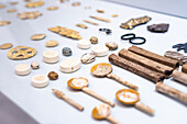 Tools and golden artefacts of the Minoan civilization, Heraklion Archaeological Museum, Crete island, Greece