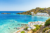 High angle view of whitewashed buildings in Loutro village, famous seaside tourist resort, Crete island, Greece