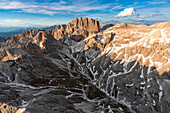 Majestic rocks of Catinaccio d'Antermoia at sunset, aerial view, Dolomites, South Tyrol, Italy