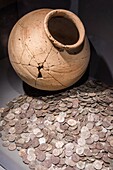 Amphora and coin, archaeology museum, jublains, (53) mayenne, pays de la loire