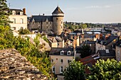 Drone view of the town, the chateau of laval and the river, (53) mayenne, pays de la loire
