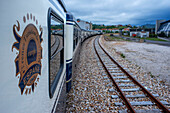 Outisde carriages of Transcantabrico Gran Lujo luxury train travellong across northern Spain, Europe.