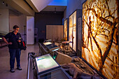 Paläolithische Werkzeuge und Nachbildung einer Höhlenmalerei mit einem Bison, Nationalmuseum und Forschungszentrum von Altamira, Santillana del Mar, Kantabrien, Spanien