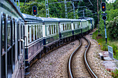 Outisde carriages of Transcantabrico Gran Lujo luxury train travellong across northern Spain, Europe. Journey between Luarca Asturias and Ribadeo in Galicia.