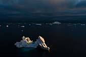Icebergs at sunset in the Weddell Sea, Antarctica.