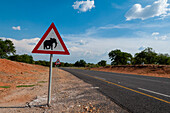 Ein Verkehrswarnschild, das auf die Überquerung eines afrikanischen Elefanten hinweist, an der Straße zum Chobe-Nationalpark. Chobe-Nationalpark, Botsuana.