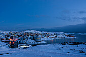 A scenic view of Ilulissat at dusk. Ilulissat, Greenland.