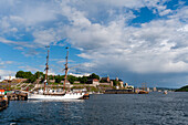 Tall ships anchored in Oslo's harbor on Oslofjorden. Oslo, Norway.