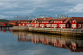 Hell gestrichene, sonnenbeschienene Häuser im Fischerdorf Svolvaer spiegeln sich im Wasser des Hafens. Svolvaer, Insel Austvagoya, Lofoten, Norwegen.
