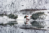 Häuser und Kiefern am Fuße eines verschneiten Berges, der sich im Wasser spiegelt. Vatvoll, Lofoten-Inseln, Troms, Norwegen.