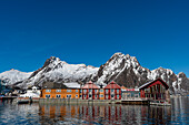 A scenic view of the Svolvaer waterfront and mountains. Svolvaer, Lofoten Islands, Nordland, Norway.