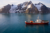 Antarctica, South Shetland Islands, Livingston Island, False Bay, Helicopter flight on Huntress Glacier. Antarctic Dream ship.