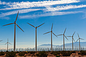 Ein Windpark am San-Gorgonio-Pass in der Nähe von Palm Springs. San-Gorgonio-Pass, San Jacinto Mountains, Riverside County, Kalifornien, USA.