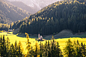 View of San Giovanni Ranui church in Santa Magdalena village, Funes Valley, South Tyrol, Italy