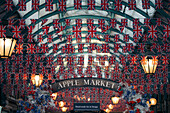 Covent Garden Apple Market with Union Jack Flags during 2022 Jubilee. London, United Kingdom