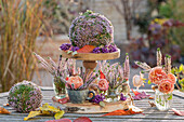 Autumn table decoration of roses (pink), heather (Calluna vulgaris) in ball form, flower caddy