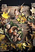 Herbstliches Stillleben mit Waldpilzen und Laubblättern