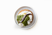 Montanarina (deep-fried pizza) with burrata cheese, anchovies and mint sauce