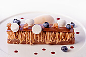 Chestnut slice with blueberries and meringue