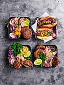 4x miso patties - nut patties with pickled cabbage salad, patty sliders, soba noodle bowl, patties with broccolini stir-fry