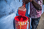 Repainting Sri Subramaniya Swamy Hindu Temple blue, Munnar, Western Ghats Mountains, Kerala, India