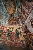 Eine Wandmalerei, die Feierlichkeiten und Rituale in Raum 3 des Tempels der Wandmalereien in den Ruinen der Maya-Stadt Bonampak in Chiapas, Mexiko, zeigt.