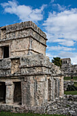 The Temple of the Frescos in the ruins of the Mayan city of Tulum on the coast of the Caribbean Sea. Tulum National Park, Quintana Roo, Mexico.
