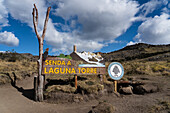 The park trail sign for the Laguna Torre Trail in Los Glaciares National Park near El Chalten, Argentina. A UNESCO World Heritage Site in the Patagonia region of South America.