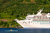 Paul Gauguin cruise anchored in Moorea, French Polynesia, Society Islands, South Pacific.