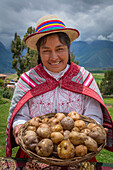 Quechua-Frau, die einen Korb mit Kartoffeln hält und traditionelle Kleidung und Hut trägt, im Dorf Misminay, Sacred Valley, Peru.