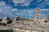 The House of the Columns in the ruins of the Mayan city of Tulum on the coast of the Caribbean Sea. Tulum National Park, Quintana Roo, Mexico. Side view.