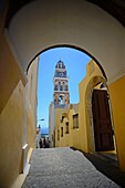 Tower of the Cathedral of Saint John the Baptist in Fira, Santorini, Greek Islands, Greece