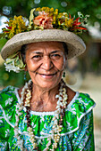 Portrait of a old woman in Huahine, Society Islands, French Polynesia, South Pacific.