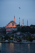 Suleymaniye Mosque at night seen across Golden Horn, Istanbul, Turkey