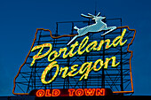 Portland, Oregon sign at dusk; Old Town Portland.