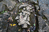 Replica of a Mayan carving set in the walkway at Cenote Samula near Dzitnup, Yucatan, Mexico.