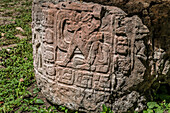 Altar 1 is in front of Building 19, the Labyrinth, in the ruins of the Mayan city of Yaxchilan on the Usumacinta River in Chiapas, Mexico.