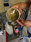 A container of yerba mate for making mate tea, the national beverage of Argentina, in Calingasta, San Juan Province, Argentina.